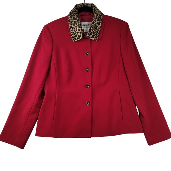 VTG Adolfo Red Button-Up Blazer Size 6 Leopard Print Removable Collar Deadstock - Picture 1 of 13